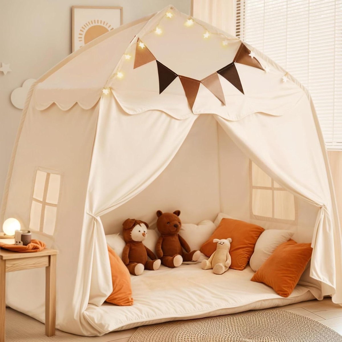 Provento - Grote speeltent voor kinderen met vlaggen, draagbaar en opvouwbaar, tipi, jongens en meisjes, koepeltent speelhuis, binnen en buiten, crèmekleurig, 150 x 100 x 150 cm.