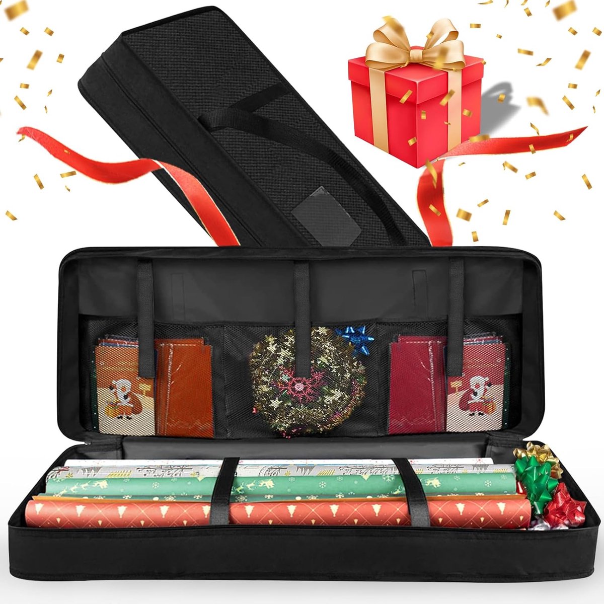 Famanu – Cadeaupapier organizer 82x34x12 cm – 600D Oxford – Met netvakken – Zwart