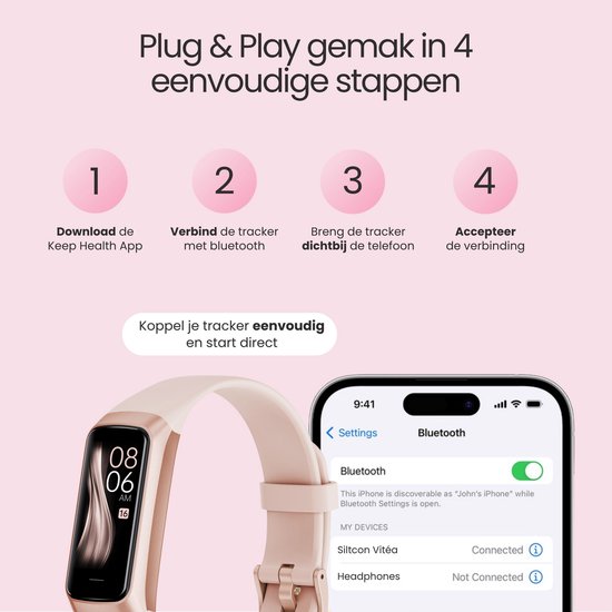 Lichtroze activity tracker en een smartphone die de verbinding via Bluetooth toont. De app heet 'Keep Health'.
