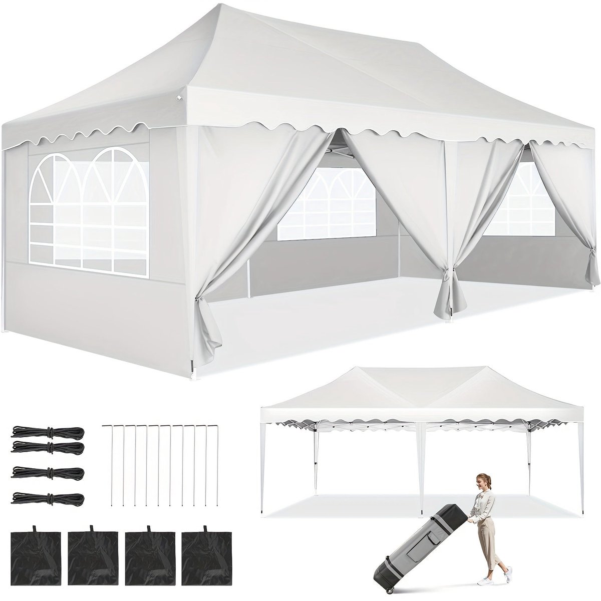 Pop-up Partytent – Vouwtent – Evenemententent – Tuin Tent – Tunneltent – 3x6 Meter – Waterafstotende Zilveren Coating – Inclusief 6 Zijwanden en Wieltas