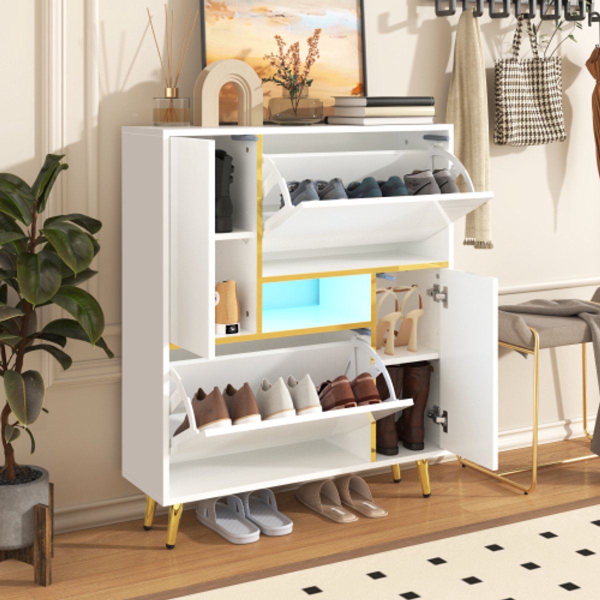 Modern witte schoenenkast met hoogglansfront en 16-kleurige LED-verlichting – Opbergkast 80×25×96 cm