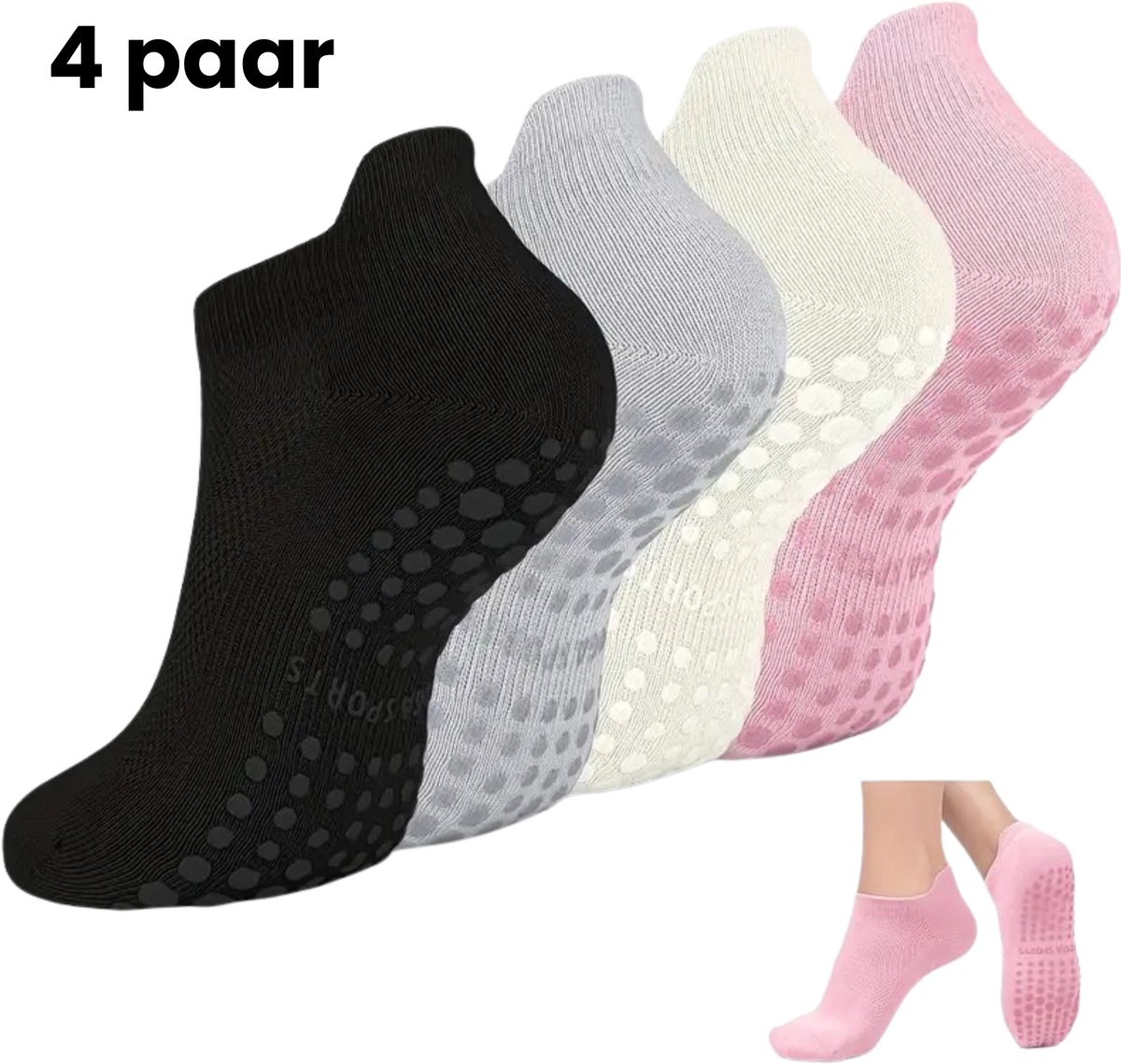 Anti-Slip Yoga & Pilates Sokken Dames - Set van 4 Paar - Roze, Beige, Grijs en Zwart - Yogasokken met Gripzool - Ademend & Comfortabel - Perfecte Grip bij Yoga, Pilates, Ballet, Barre & Dans - Antislip Sportsokken voor Dames