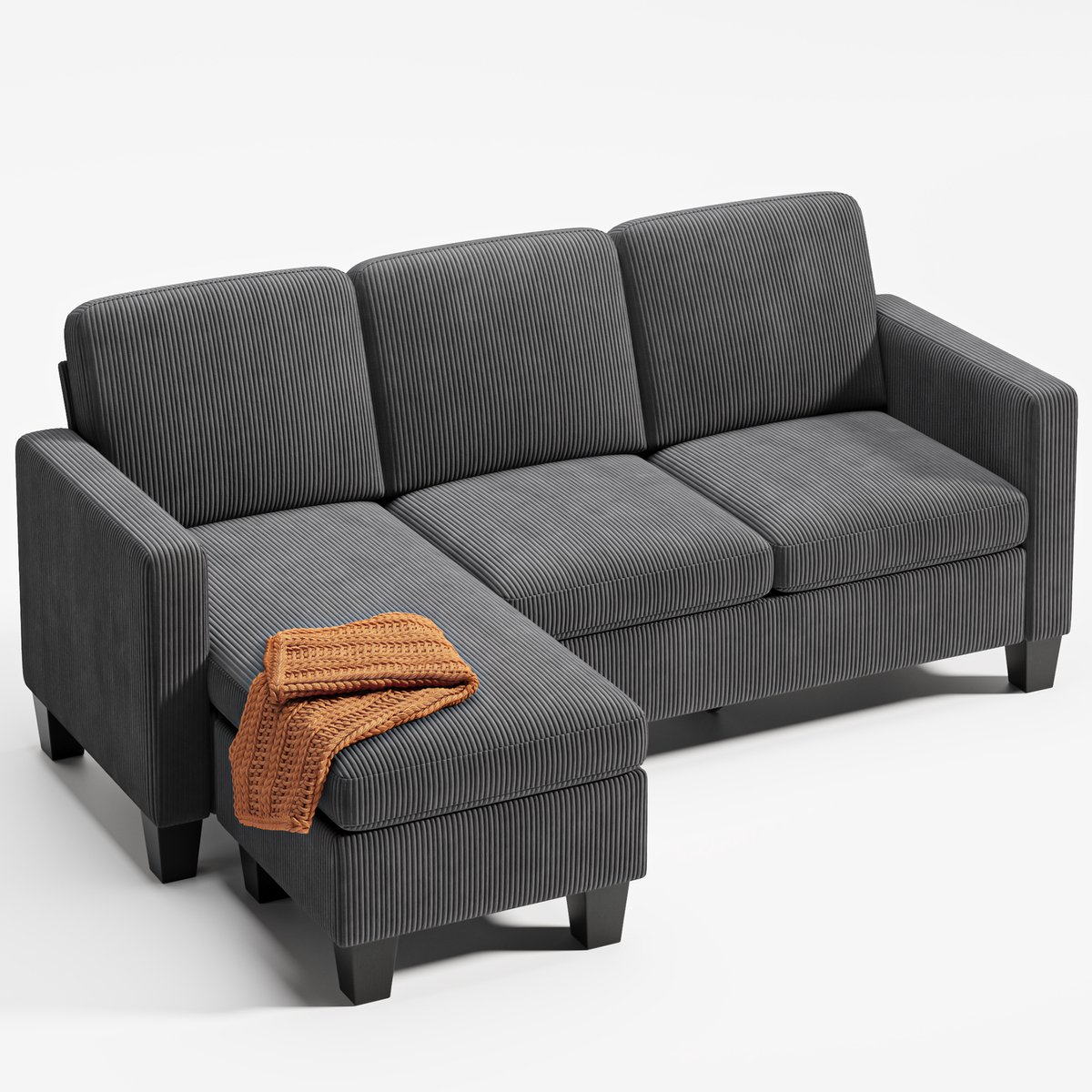 Xbro Hoekbank – Hoekzetel met Slaapfunctie – L-vormige Slaapbank – Fluweel – 4-Zits – Zwart