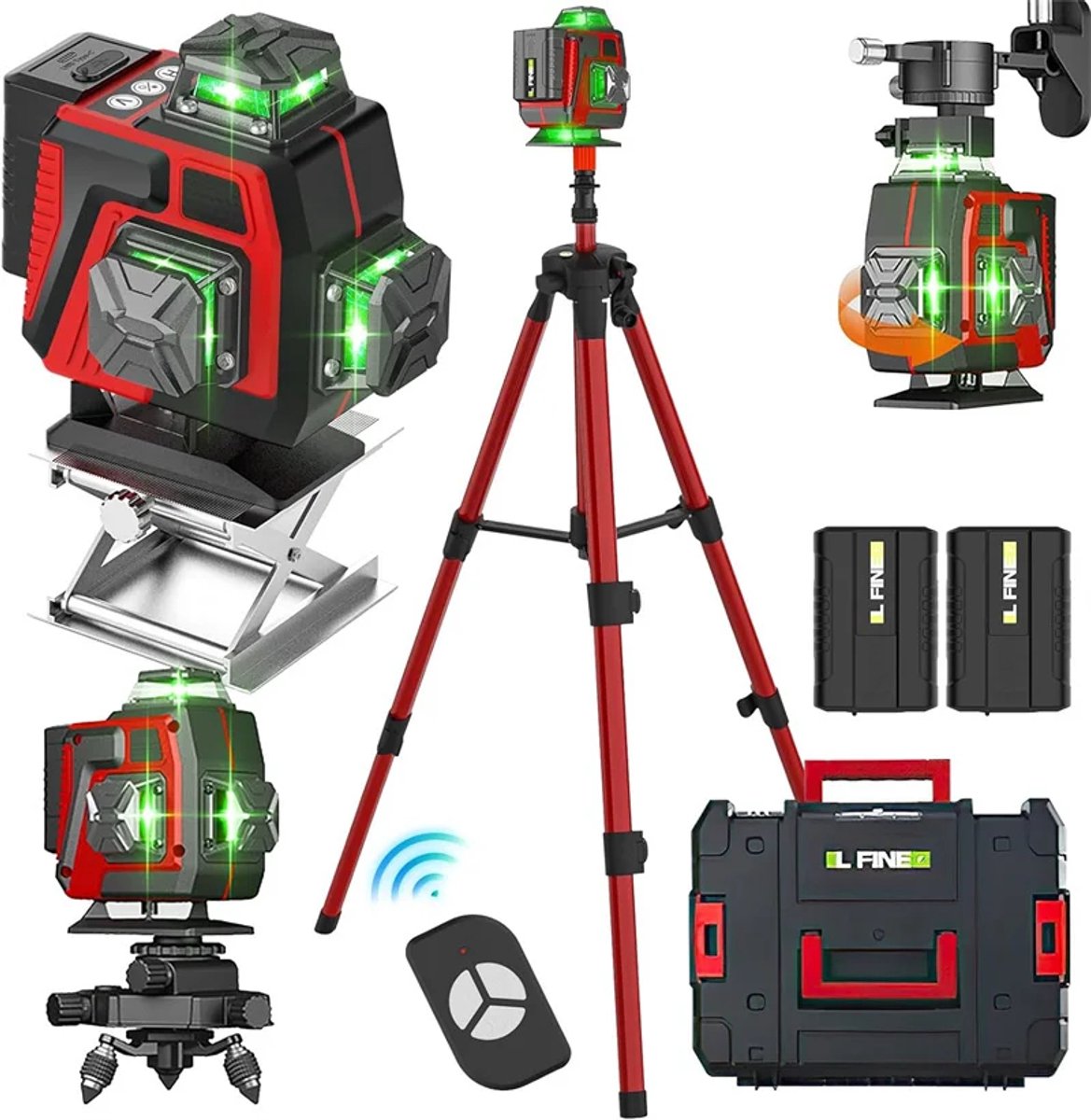 16-Lijns 4D Groene Laserwaterpas – Zelfnivellerend 360° – Met Afstandsbediening & 2 Batterijen