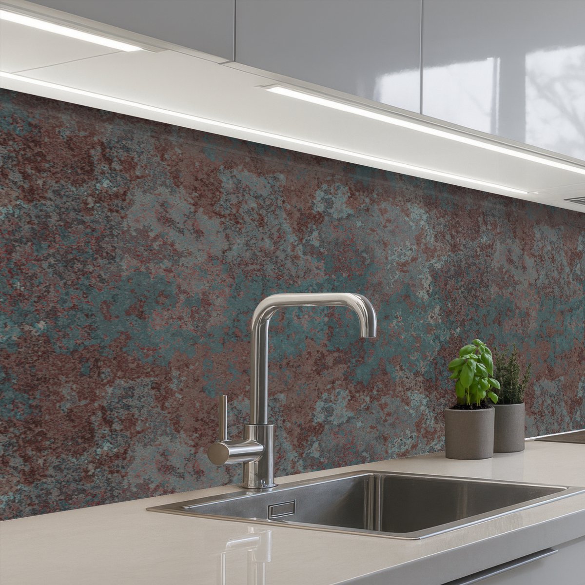 Keuken achterwand 250x80 cm - Spatscherm zelfklevend Blauw - Grijs - Roest print - Patroon - Muurbeschermer - Spatwand fornuis