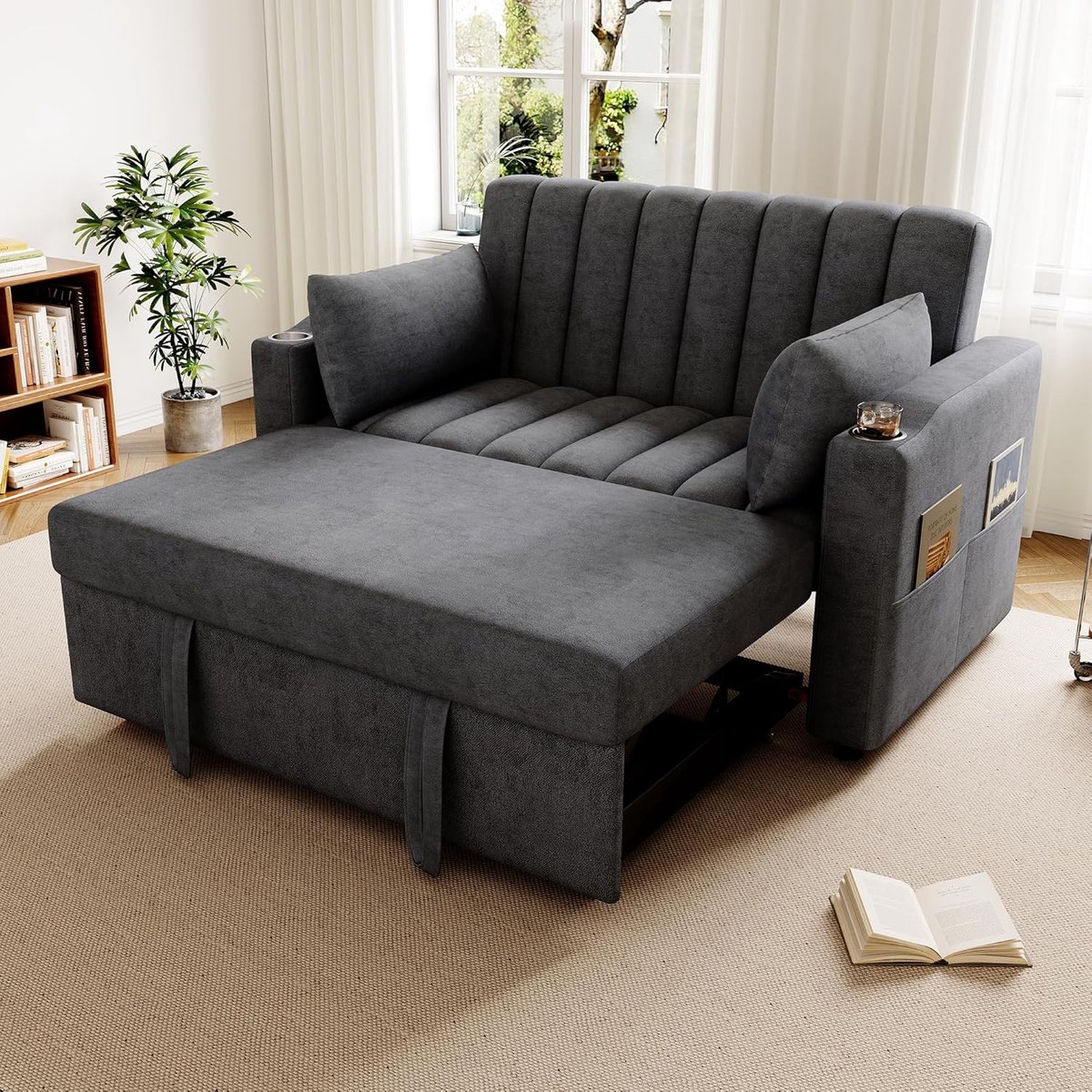 Luxe 2-in-1 Slaapbank met Verstelbare Rugleuning, Bekerhouders & Kussens – Multifunctionele Fluwelen Sofa Bed voor Woonkamer, Slaapkamer of Appartement – Grijs