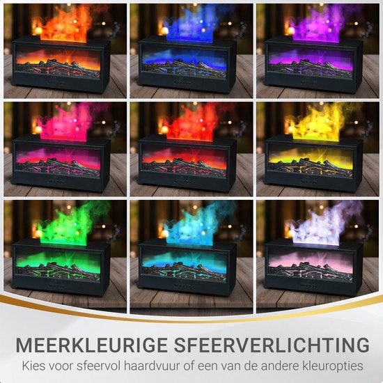 Elektrische open haard met instelbare vlamkleuren: rood, blauw, paars, roze, oranje, geel, groen, cyaan, wit.