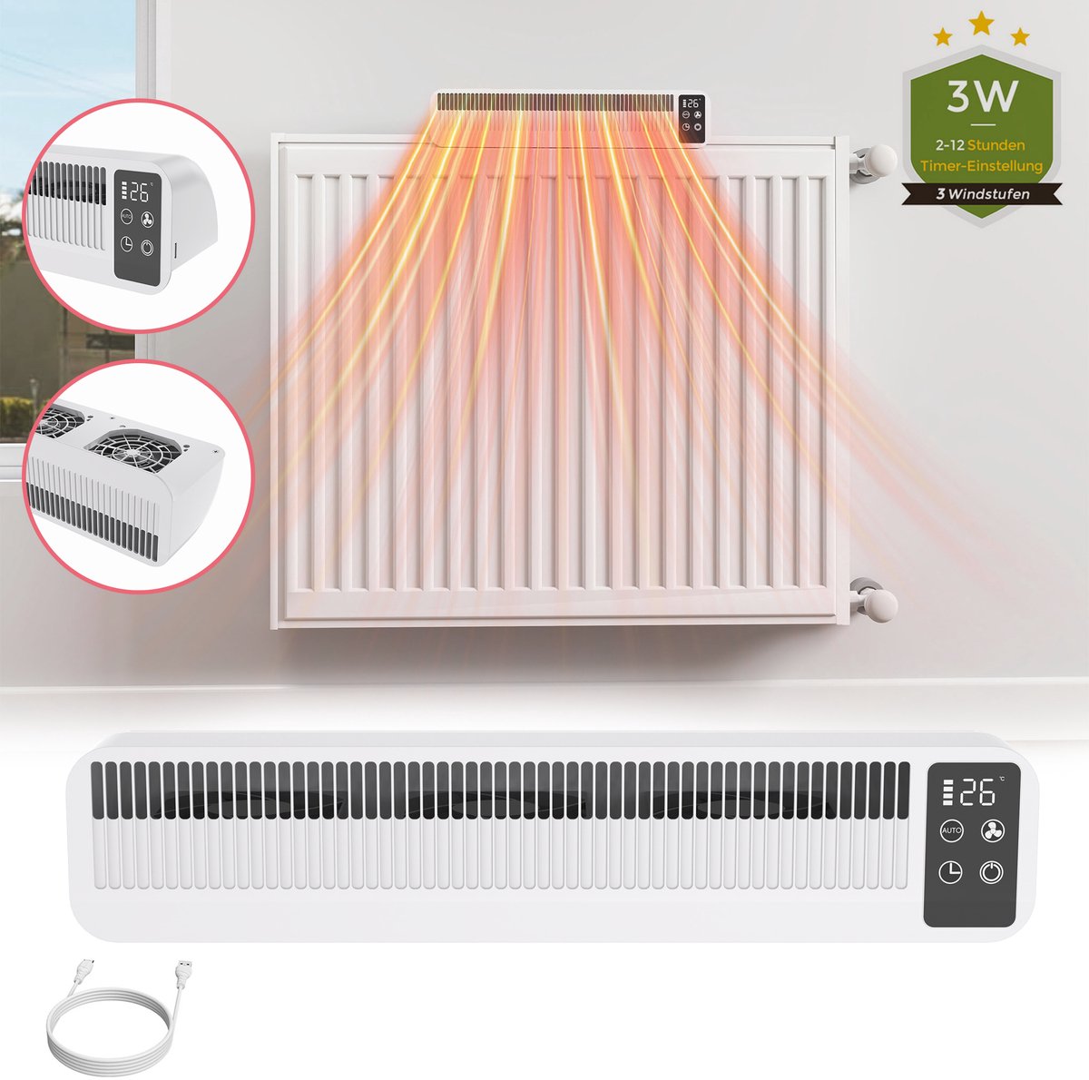 Radiatorventilator Radiatorventilator, 5200 mAh oplaadbare verwarmingsventilator met 3 snelheidsstanden Verwarmingsventilator LCD-display voor batterijniveau en temperatuur, 2-12 uur timer, stil