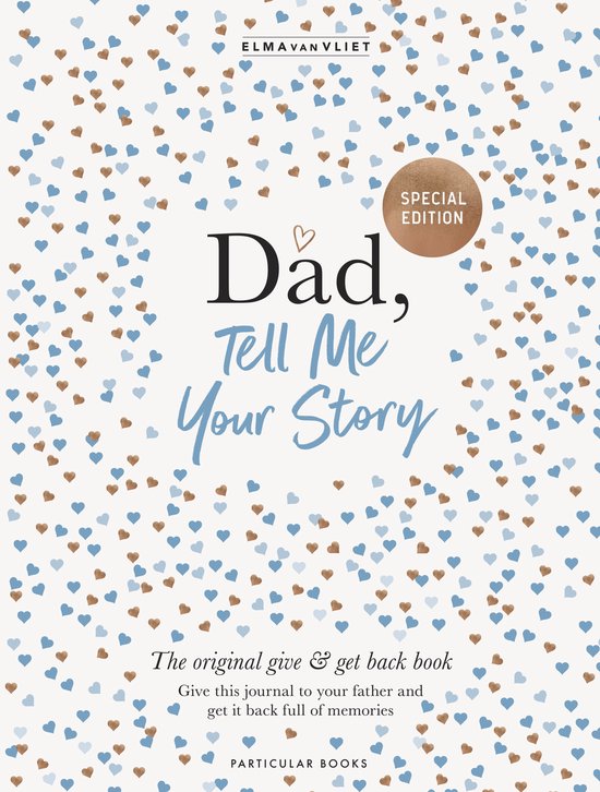 Speciale editie: 'Dad, Tell Me Your Story' boek met hartjespatroon in blauw en bruin.