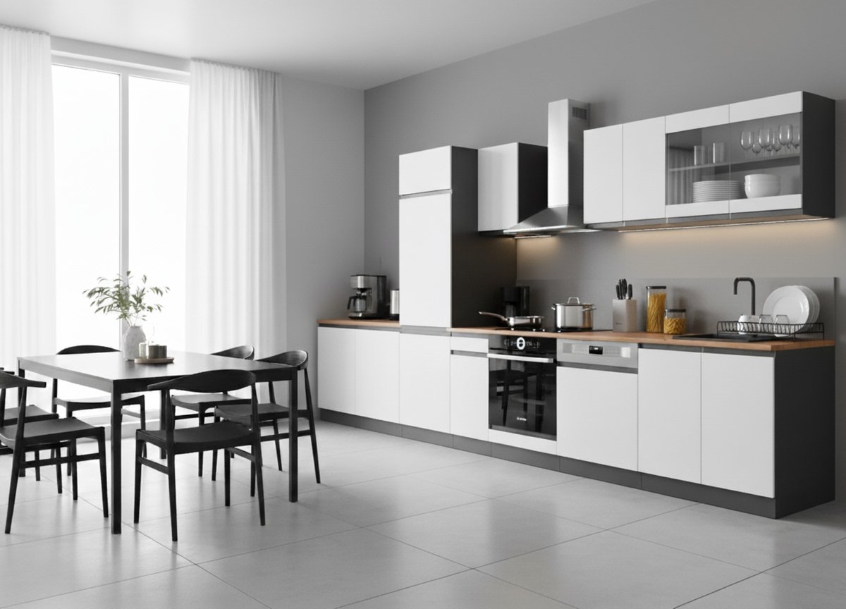 R-Line Keukenunit Keukenblok complete keukeneenheid 300 cm wit/antraciet met Goldkraft eiken werkblad, modern design, stofdicht, verstelbare poten, onderkasten 46 cm diep – Novihome