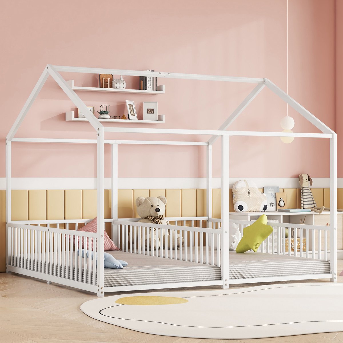 OKWISH Kinderbedden 90x200 cm - Eenpersoonsbed Met Rausfallschutz En Huisontwerp - Duurzaam Metaal - Wit