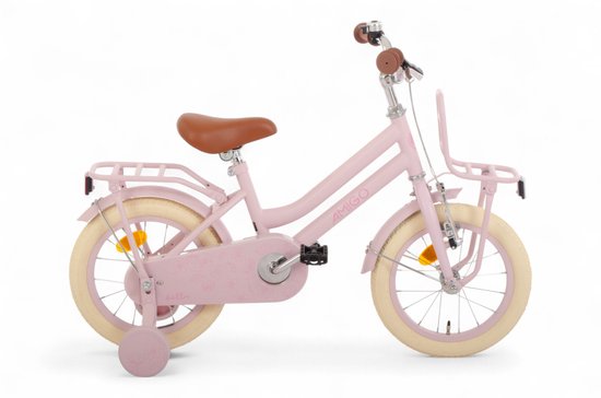 Vélo d'enfant rose avec selle marron, panier avant et porte-bagages arrière. Logo AMIGO et roulettes visibles.