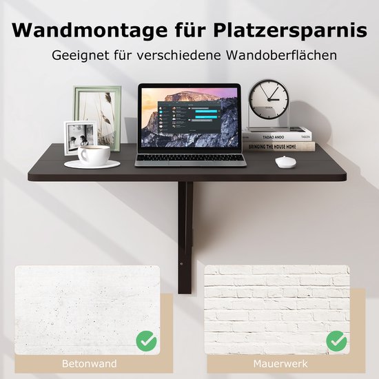 COSTWAY Wandgemonteerde klaptafel, 80 cm x 60 cm, inklapbare wandtafel