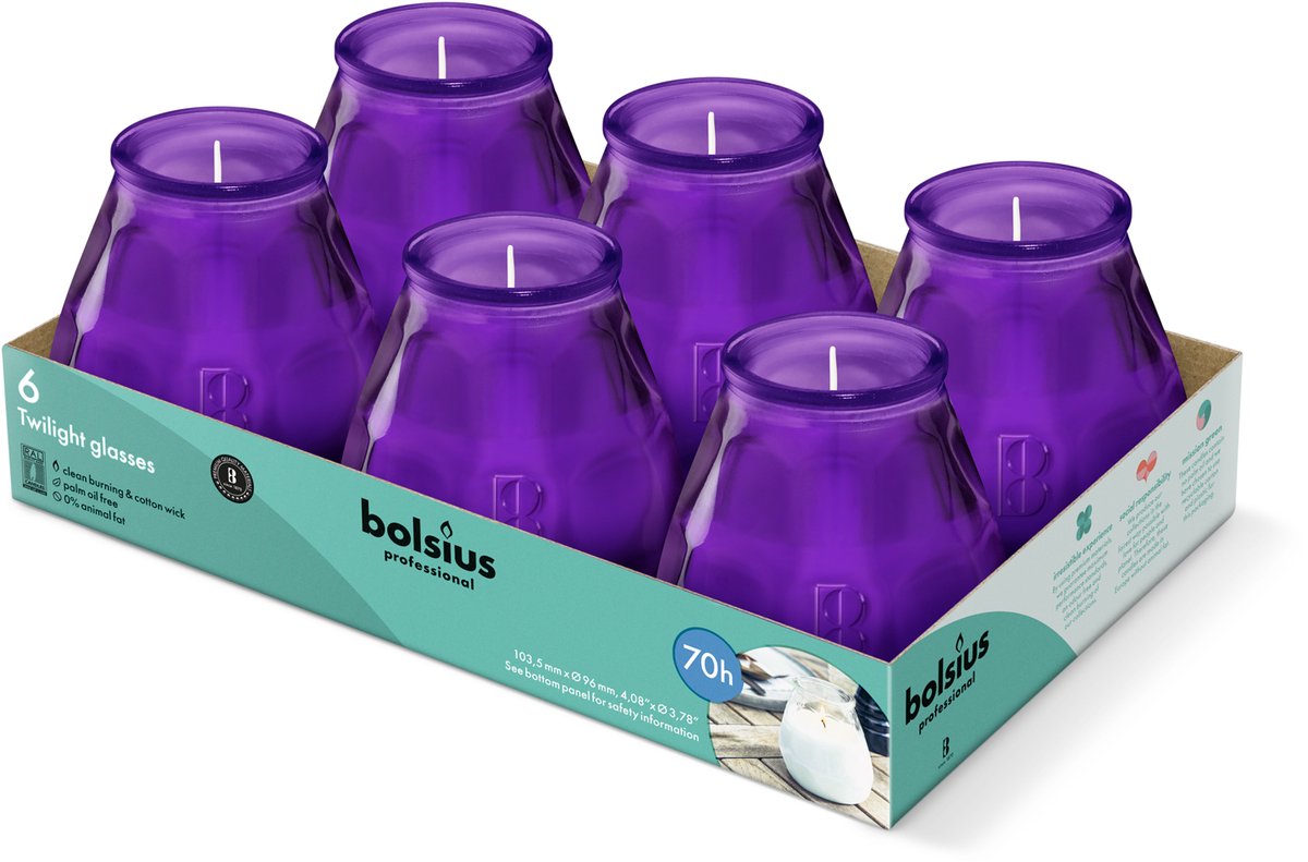 Bolsius Twilight - Kaars in glas - Patio - Paars - Tray 6 - 70 branduren - Halloween