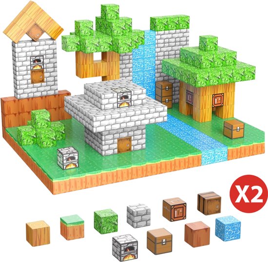 Pixel bouwstenen met gras, steen, water en boom elementen. "X2" is zichtbaar.
