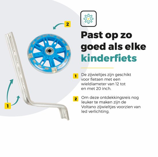 Blauw zijwiel met LED-verlichting en zilveren steun voor kinderfietsen.