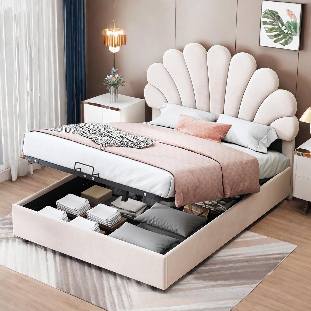 Tweepersoonsbed 140x200 cm met opbergruimte en bloemen hoofdeinde - Beige Fluweel