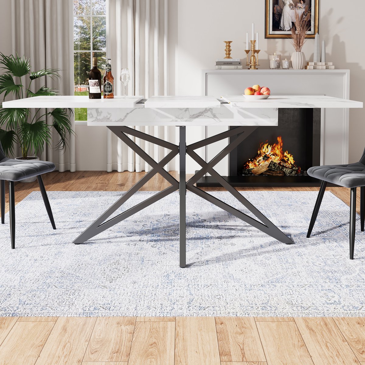 Merax Uitschuifbare eettafel 120-160x80 cm - keukentafel - ontbijttafel - stervormige tafelpoten - zwarte poten - marmerlook tafelblad Wit