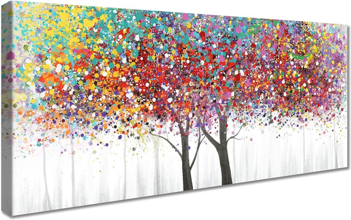Stunq® Kleurrijke levensboom met lijst canvas foto's landschap canvas schilderij poster foto foto wandafbeeldingen thuiskantoor woonkamer slaapkamer decoraties klaar om op te hangen 50 x 120 cm