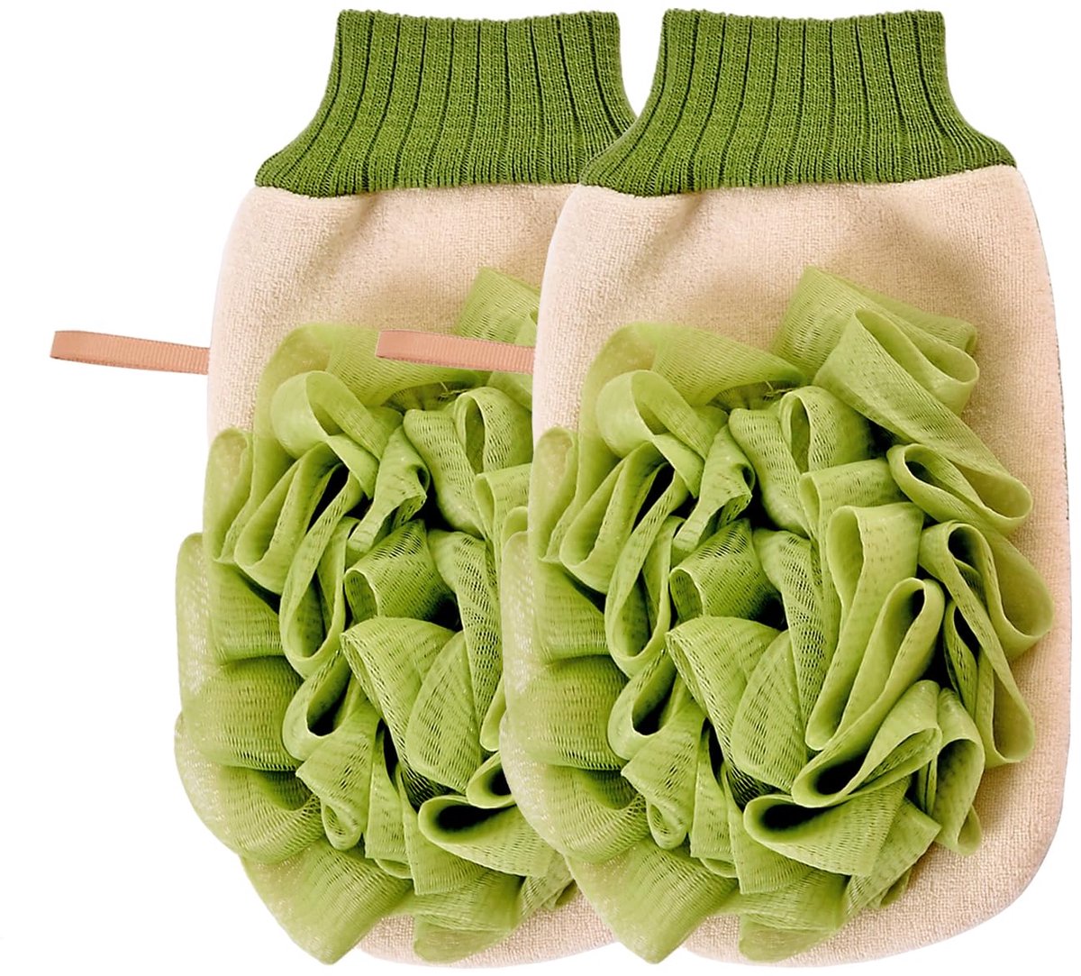 2-pack douchespons exfoliërende handschoenen, 2-in-1 body wash handschoenen, scrub handschoenen met douchebal (groen)