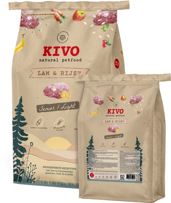 Twee zakken KIVO Petfood Lam & Rijst Senior/Light, een grote en een kleine, met afbeeldingen van ingrediënten.
