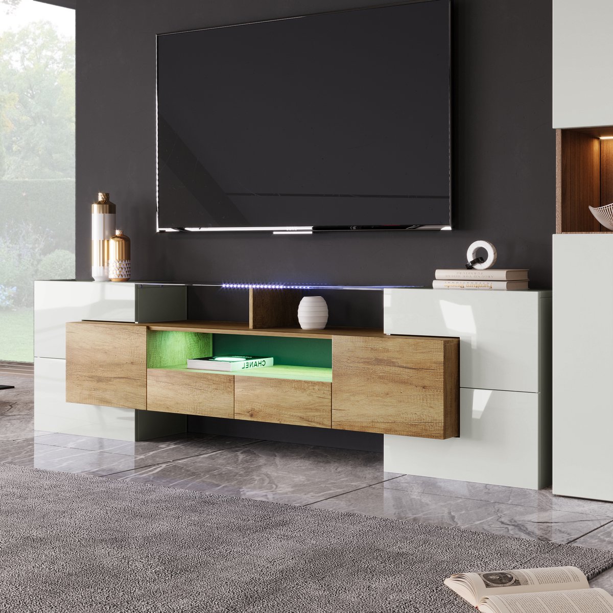 Wishdor Tv-Meubel - Met Ledverlichting - 6 Deuren En 2 Lades - Hoogglans Wit En Houtkleur - Mdf - 200 X 35 X 60 Cm Natuurlijk