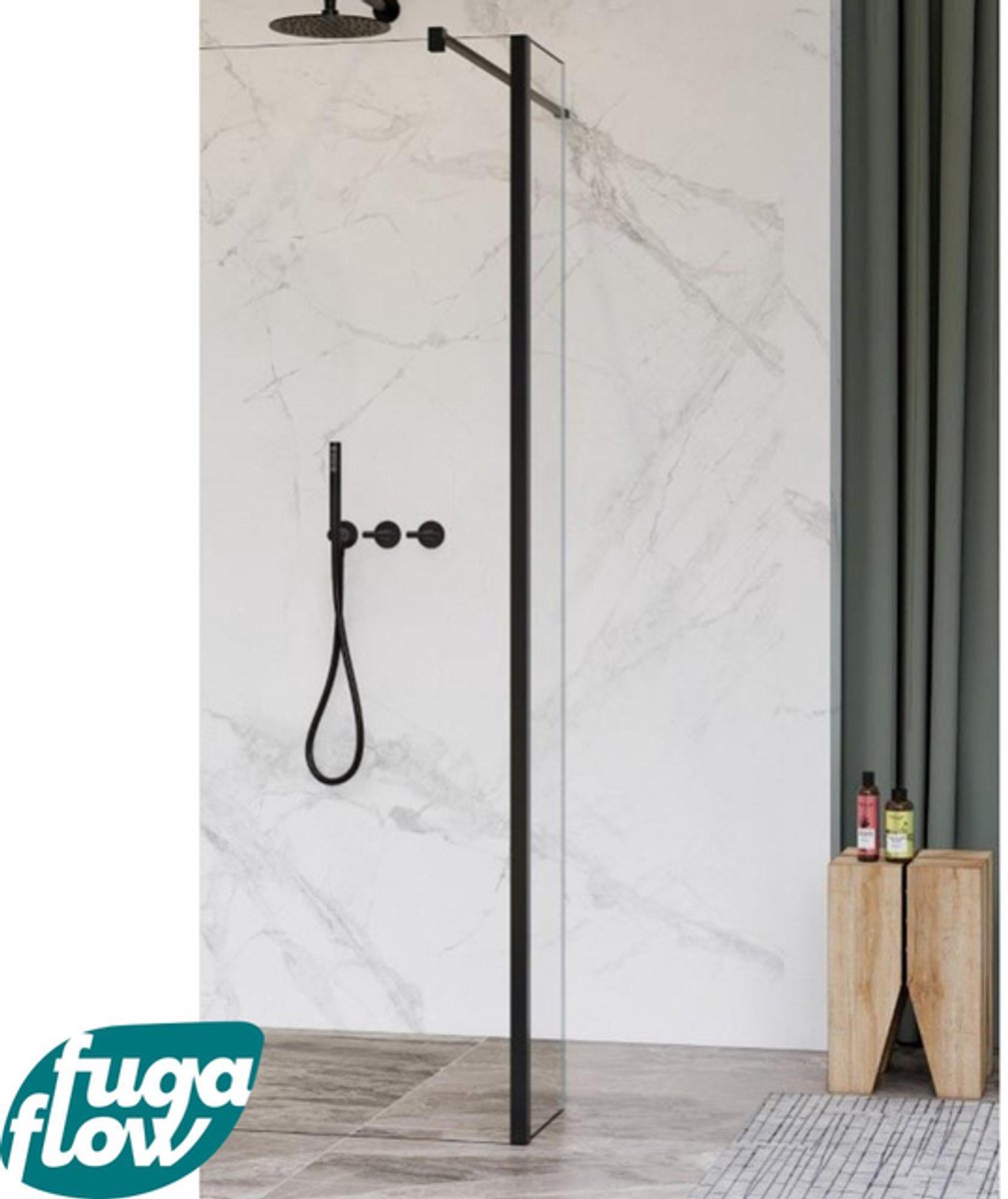 FugaFlow Eccelente Vetro zijwand - 30x200cm - helder glas - 8mm - met hoekprofiel - mat zwart -