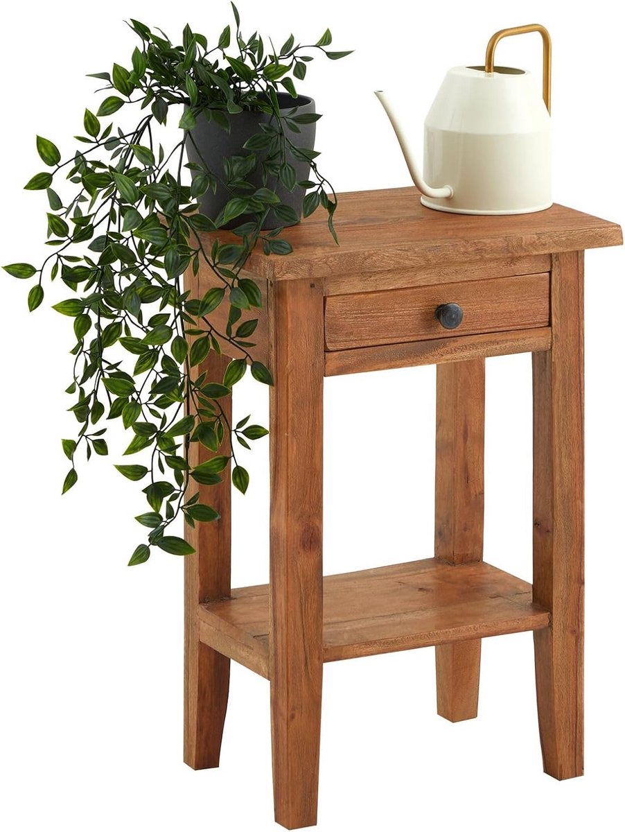 Massief Houten Bijzettafel met Lade en Opbergvak, Nachtkastje of Plantentafel
