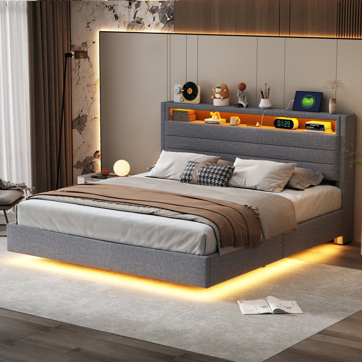 Wishdor Gestoffeerd bed 160x200 cm – Hydraulisch – USB & LED – Draaibaar hoofdbord – Linnen grijs