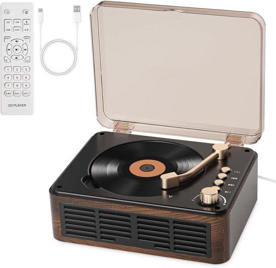 Retro CD speler Bluetooth speaker bruin met USB, AUX, FM radio, afstandsbediening, stereogeluid, 10W