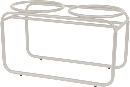Beige metalen standaard met twee ronde openingen voor voerbakken.
