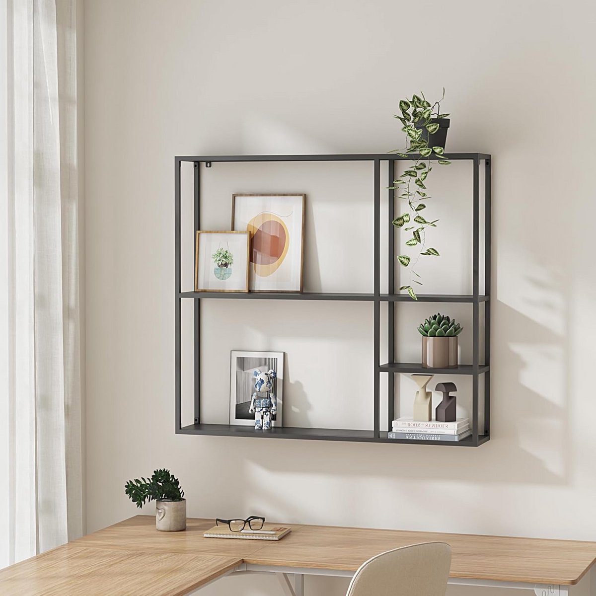 Wandplank met 3 niveaus Zwart | Metalen Wandrek 90x100 cm | Decoratieve Opbergplank