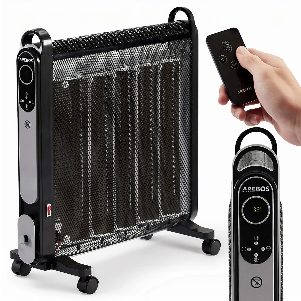 Arebos Mica Convector 2000 W - elektrische kachel - convectorkachel - mobiele elektrische kachel energiebesparend - mobiele elektrische ventilatorkache- met 2 warmtestanden - zwart