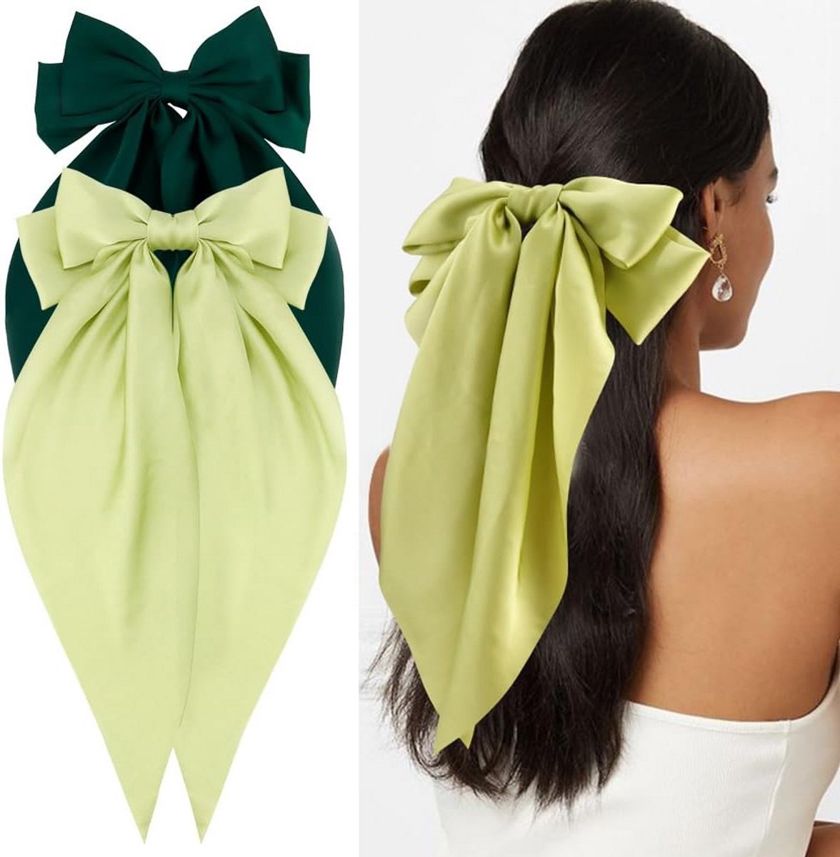 Set van 4 Grote Groene Satijnen Haarstrikken voor Dames en Meisjes - Luxe Haarclips