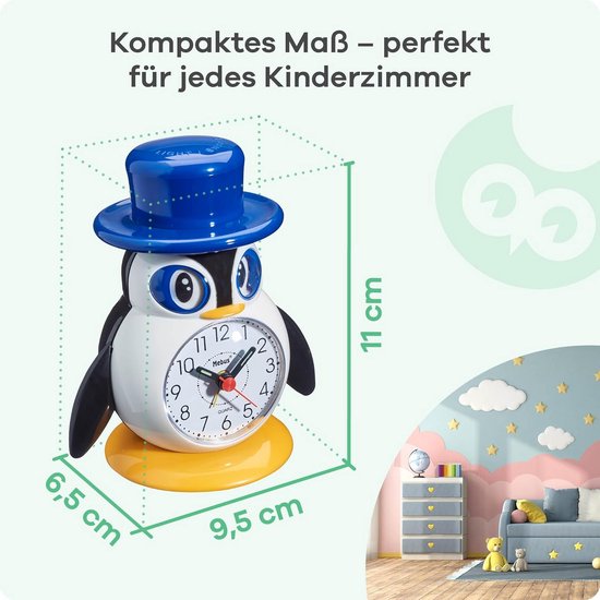Leuke Kinderwekker Pinguïn met Licht, Snooze en Bewegende Ogen - Analoge Tijd Leren — afbeelding 4