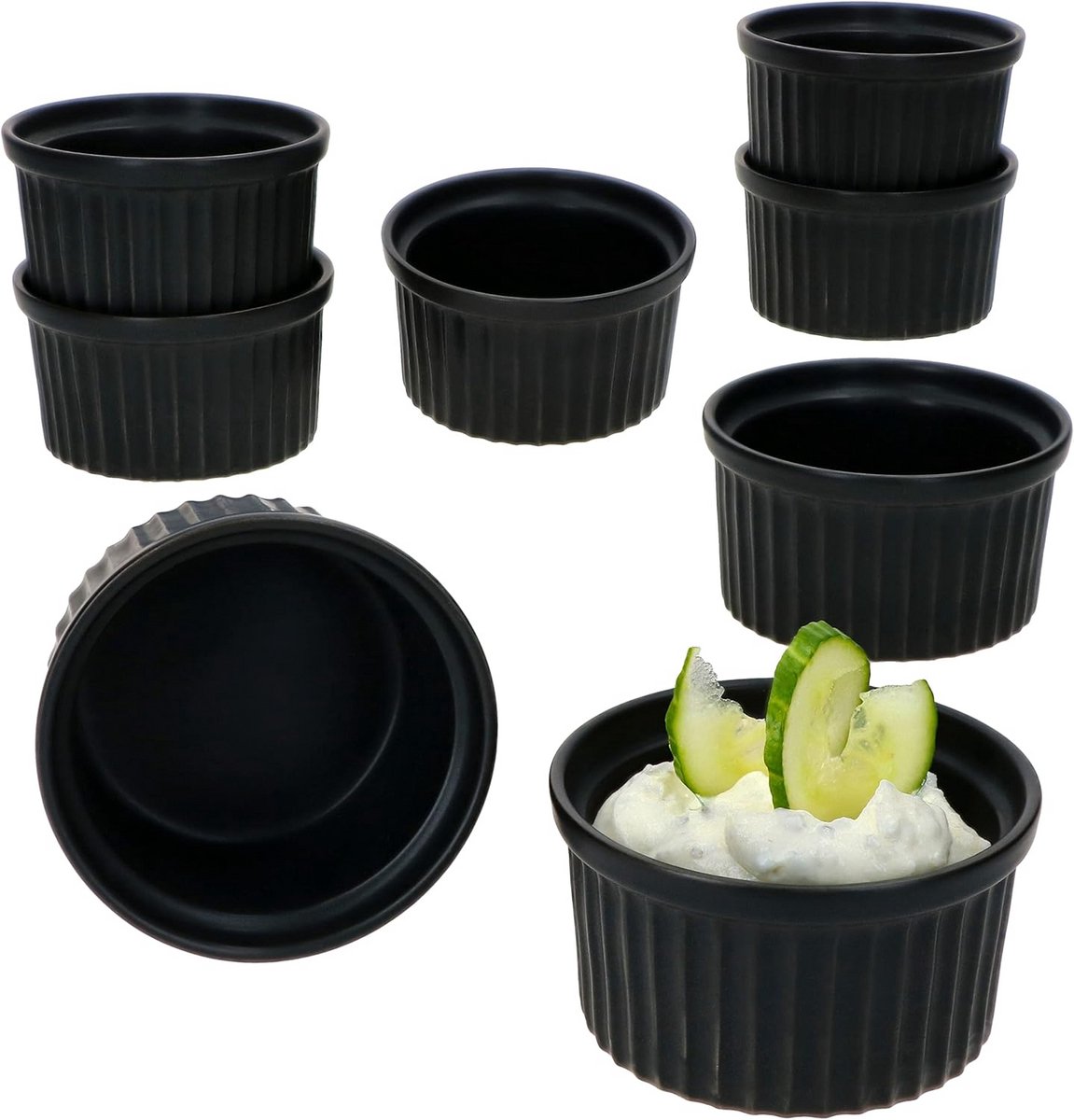 Ovenschalen Set van 8 - Rond Zwart Aardewerk voor Muffins, Cupcakes, Crème Brûlée en Nagerechten - Ø9.5 cm