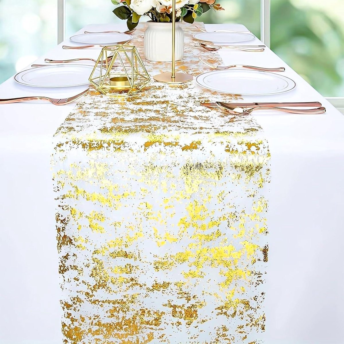 Cosensi - Tafellopers Goud 29 cm x 9 m en 28 cm x 9 m - Organza Tafelloper Sterren voor Feesten, Bruiloften, Communies, Doopfeesten