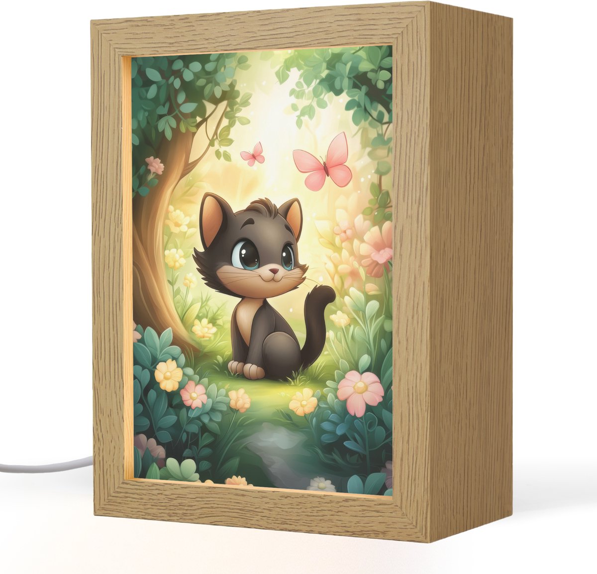 Nachtlampje 15x20 cm - Kinder lampje - Kat - Zwart - Bos - Vlinders - Tafellamp kinderkame