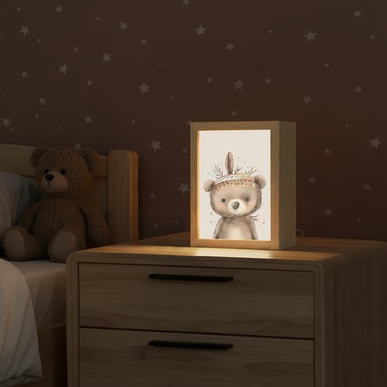 Nachtlampje 15x20 cm - Kinder lampje - Beer - Boho - Indianentooi - Dieren - Tafellamp kinderkamer - Slaapkamer lamp - Bedlamp kinderen - Kinderlampje stopcontact - Wandlamp babykamer - Nachtlampjes van OnlyWow — afbeelding 2