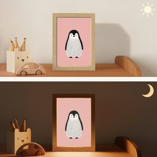 Nachtlampje 15x20 cm - Kinder lampje - Pinguïn - Stippen - Minimalistisch - Roze - Tafellamp kinderkamer - Slaapkamer lamp - Bedlamp kinderen - Kinderlampje stopcontact - Wandlamp babykamer - Nachtlampjes van OnlyWow — afbeelding 4
