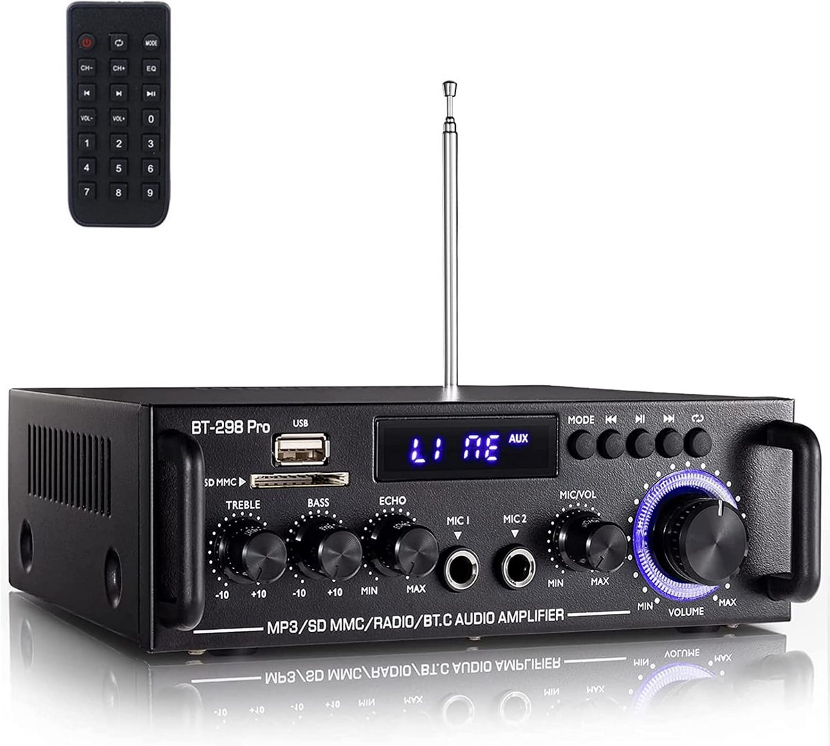 2-Kanaals Hifi Audio Versterker met Bluetooth, USB, FM Radio en Microfoon Ingangen
