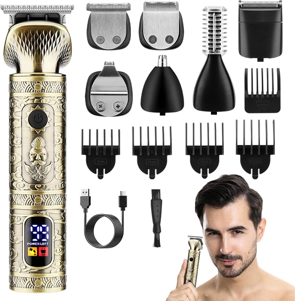 OKWISH Tondeuses - Heren Scheerapparaat - Multifunctionele Scheermachine - 7-in-1 Trimmer - Neushaartrimmer - Volledig Metalen Trimmer - Goud