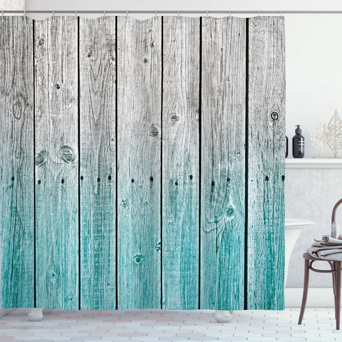 ABAKUHAUS Rustiek Douchegordijn, Digitale Holzplatten, Stoffen Badkamerdecoratieset met Haken, 175 x 200 cm, Lichtblauw Grijs