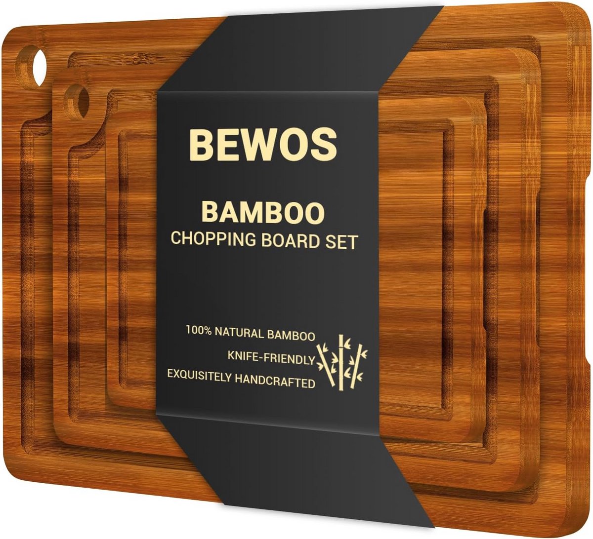 Set van 3 Houten Snijplanken van Bamboe met Sapgroef en Handvatten
