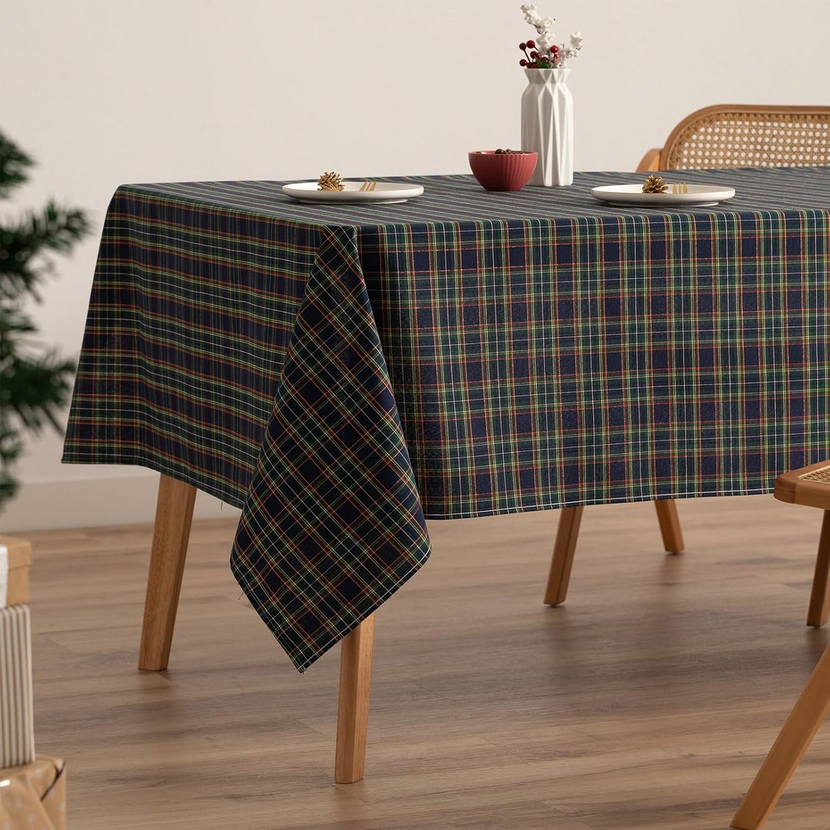 Rechthoekig Tafelkleed Kerst Rood Wit Ruiten Katoen Mix Duurzaam 140x240 cm