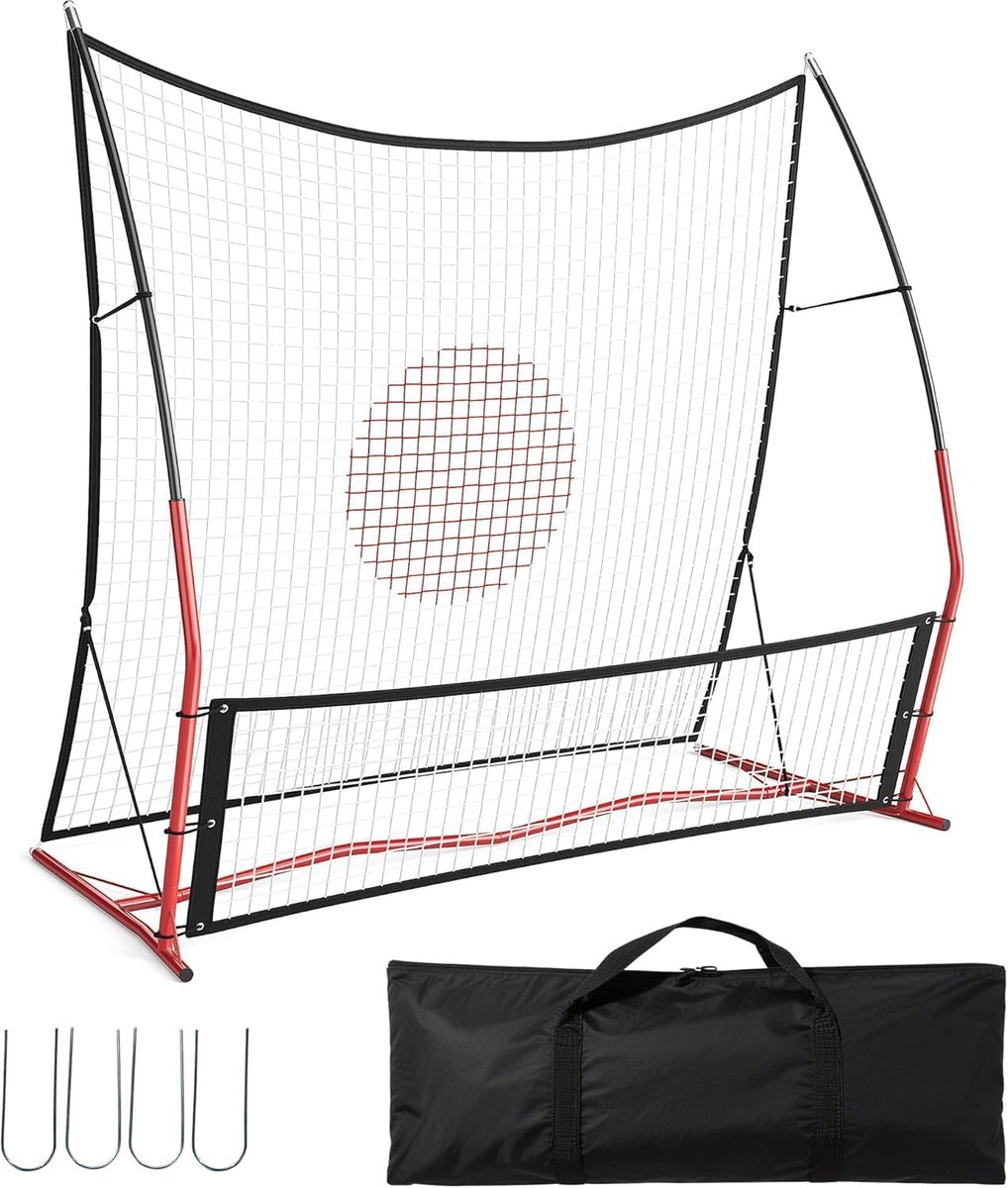 2‑in‑1 voetbalrebounder 180 cm – Klein & groot bounce‑back net (180 × 41 cm & 180 × 140 cm) met draagtas, grondpinnen & trainingskegels – Rood/zwart