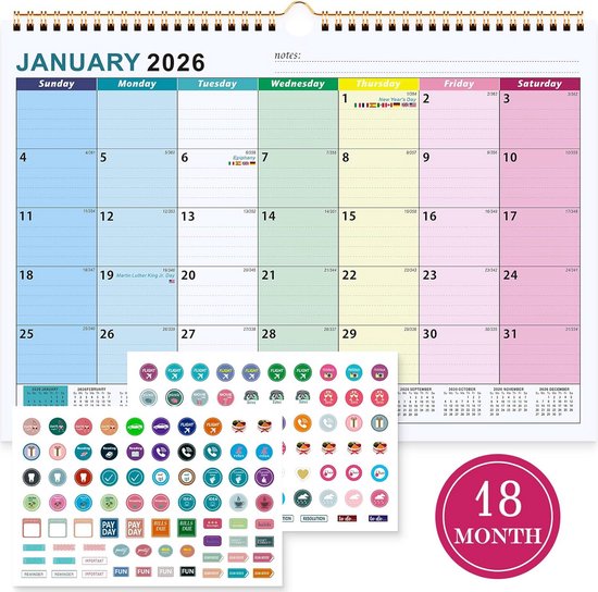 Wall Calendar 2025-2026 UK, 18 Month Wall Calendar to View, for Home/Office or School - Notes&To-do, Twin-Wire Binding, Hanging Hook, Jul. 2025 - Dec Calendars, 12.2'' x 8.3