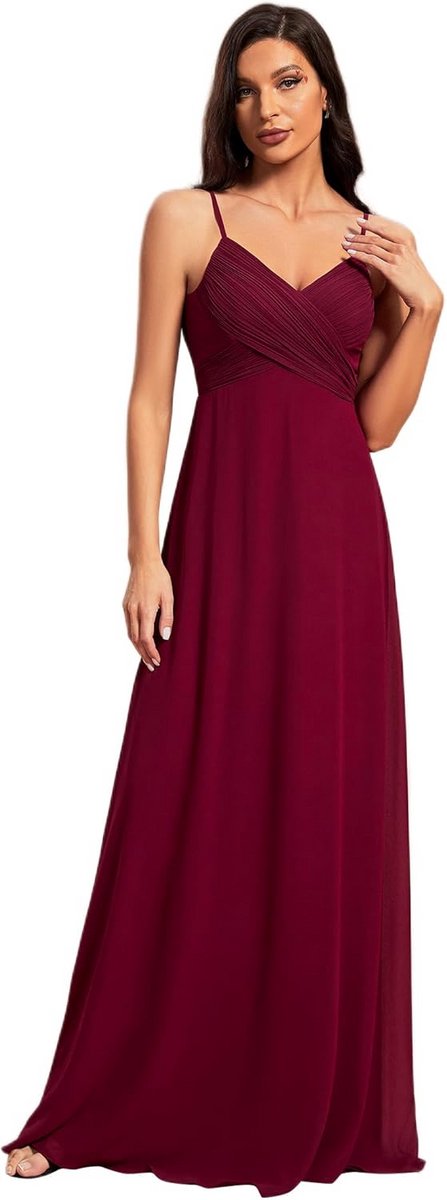 Elegante Avondjurk Dame Lange A-lijn Bordeaux Rood V-hals Chiffon