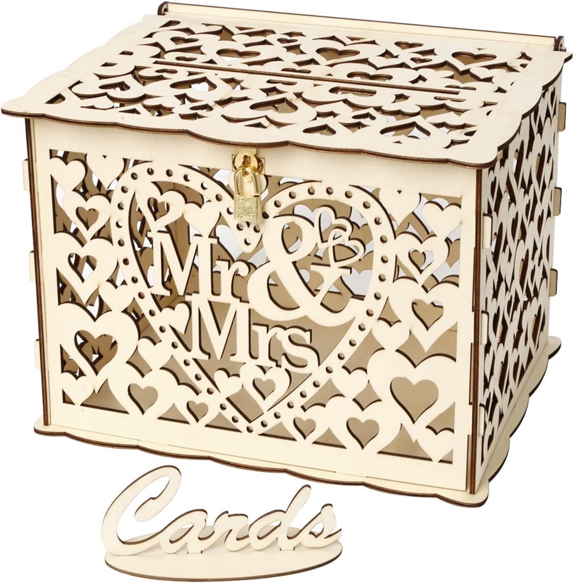 Houten Kaartendoos met Slot voor Bruiloft, Verjaardag en Baby Shower - Cadeau- en Spaarpot