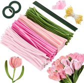400 stuks - Pijpenragers - Twister Sticks - Gekleurde Pijpenragers - Chenille Draad - Dikke pijpenragers - met accessoires - knutselbenodigdheden - voor doe-het-zelfkunstprojecten, creatieve bloemenbenodigdheden, kerstfeestdecoraties - 30cm - roze